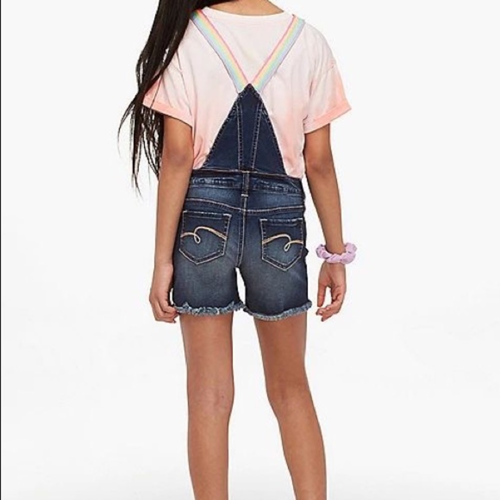 NWT Justice Girls Rainbow Strap Shortalls Overall Shorts Denim Dark Wash size 12